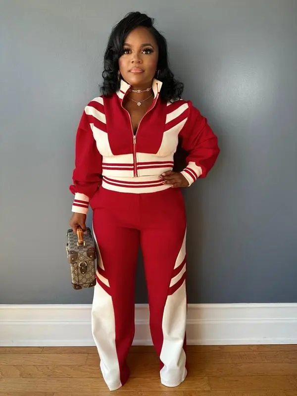 Women's Colorblock Print Zip Up Long Sleeve Crop Jacket & Pants Two-piece Set