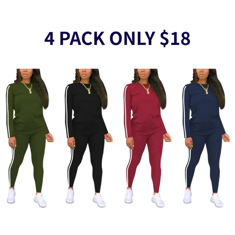 Women's Striped Print Long Sleeve Top & Pants Two-piece Set