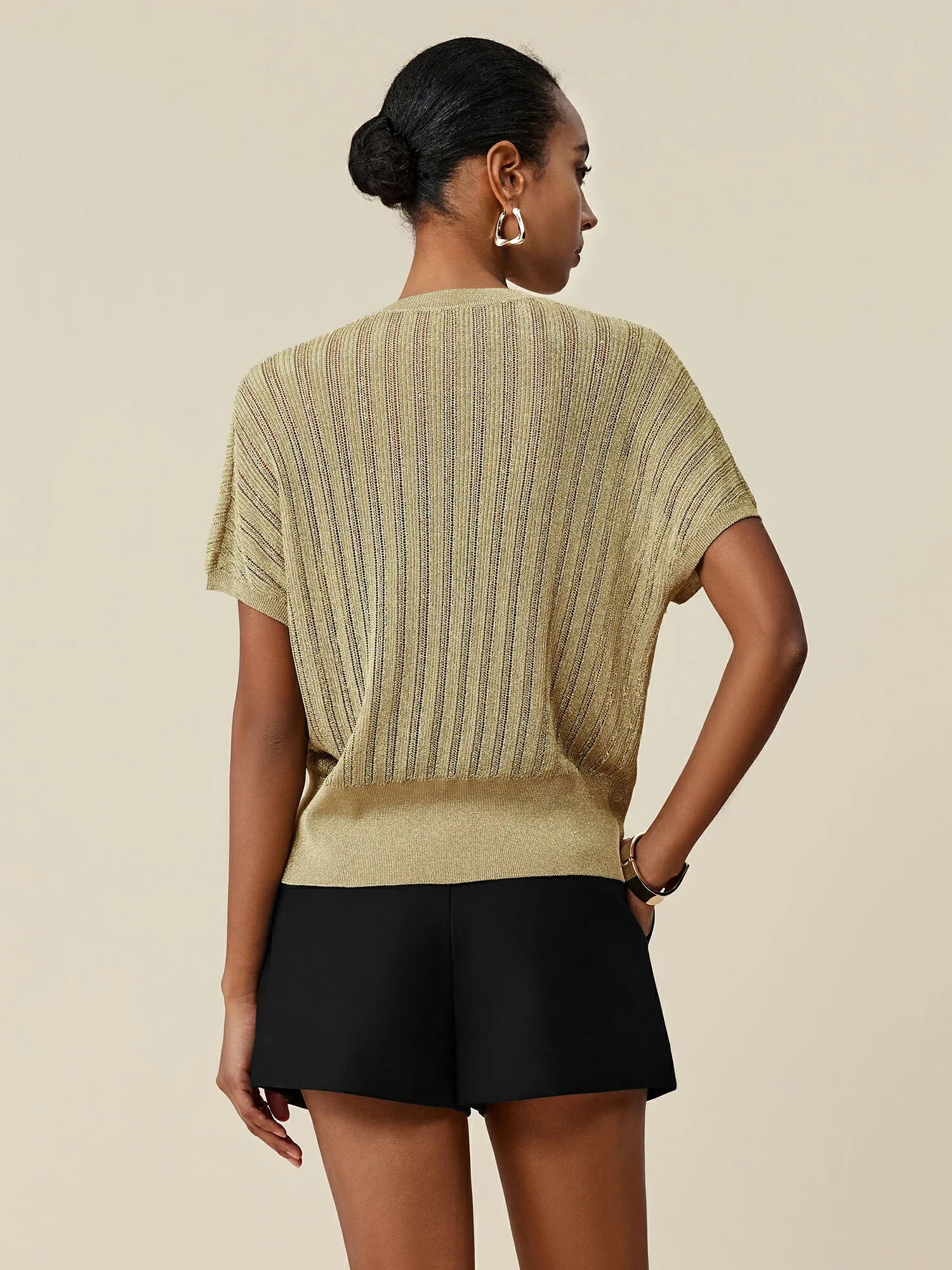 Round Neck Batwing Sleeve Glitter Knit Top