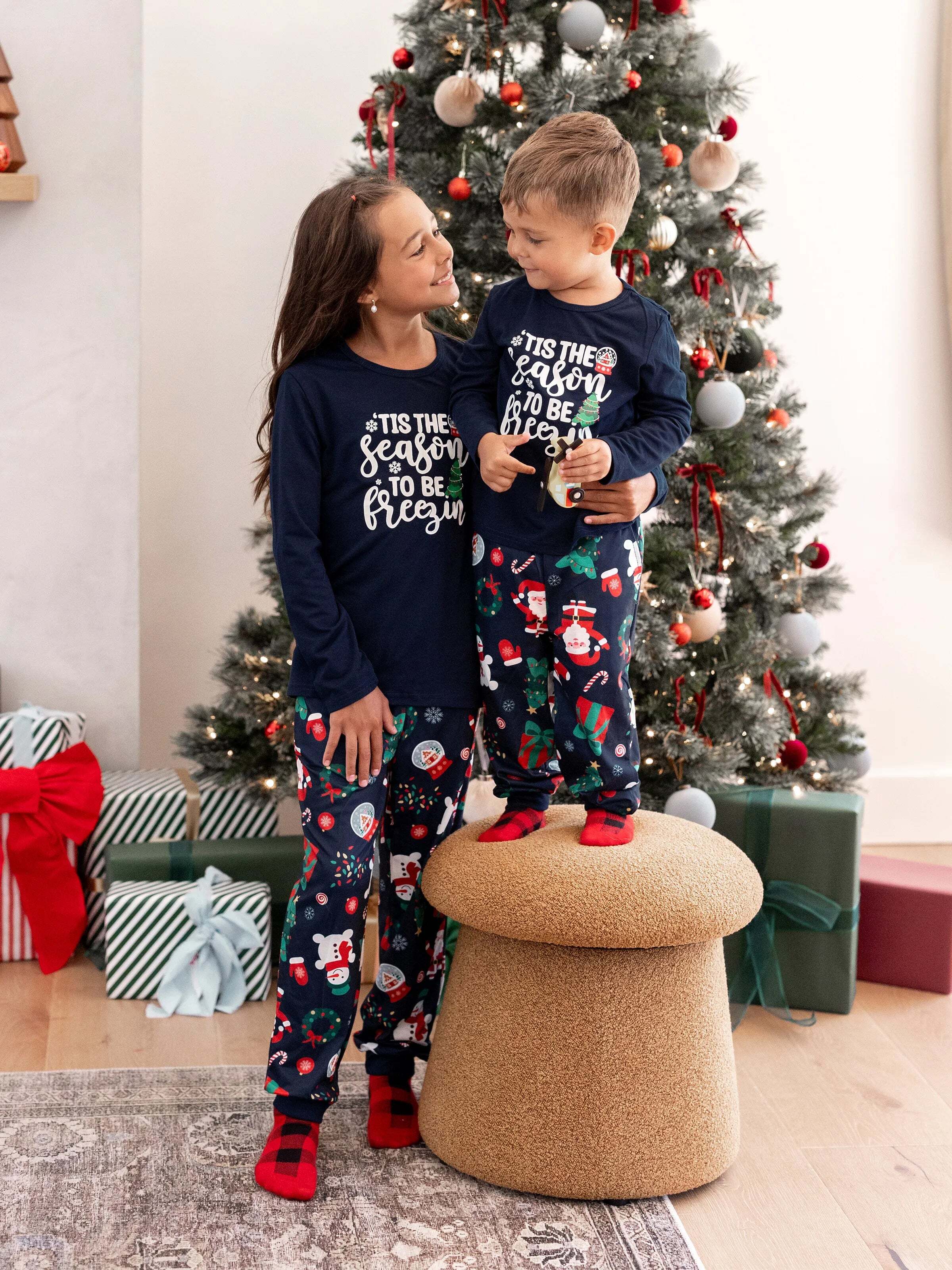 Christmas Matching Family Pajamas Set Glow In The Dark Santa Claus Dark Blue PJS with Christmas Socks Deep Blue