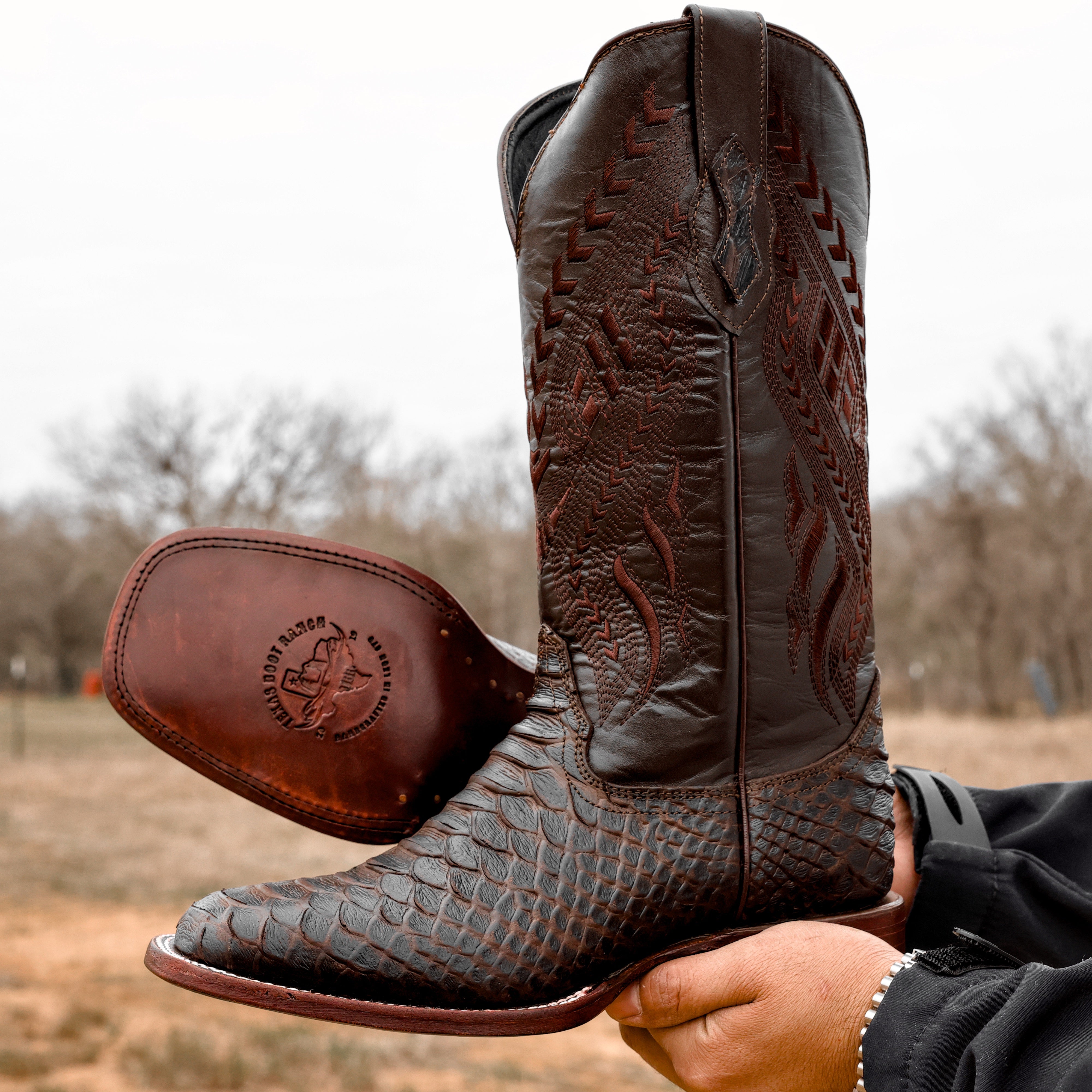 Matte Brown Python Leather Boots - Square Toe
