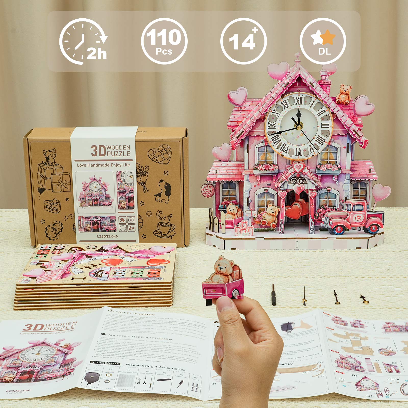 Sweetheart Cottage â€“ DIY Wooden Clock, 3D Puzzle Craft Kit