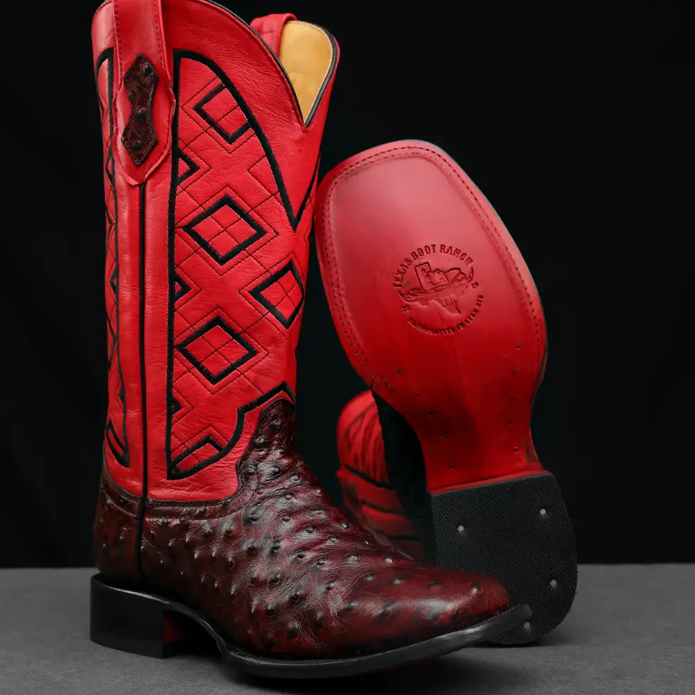 Black Cherry Ostrich Leather Boots - Square Toe