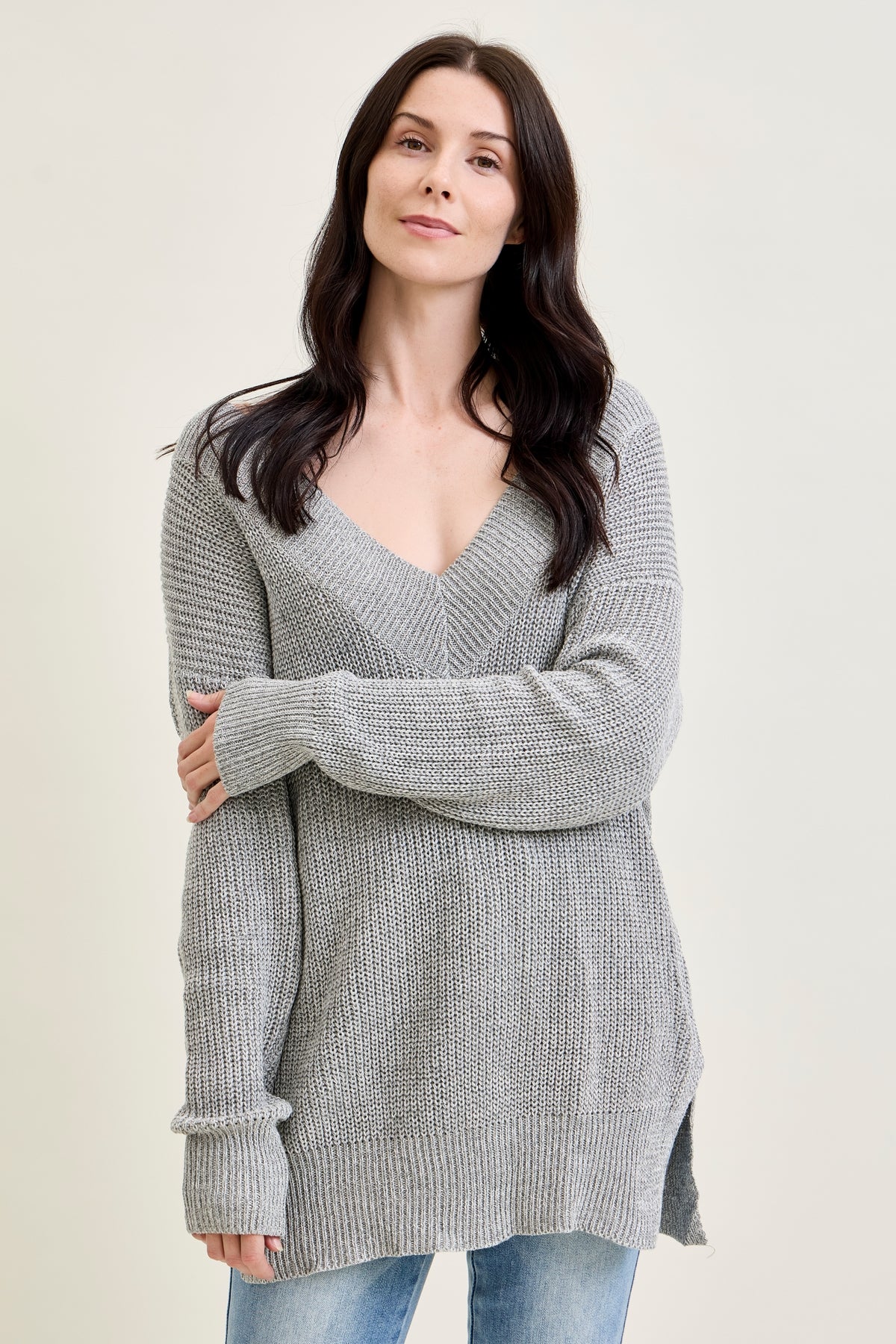 Slouchy V-Neck Off Shoulder Grey Sweater