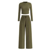 2-Piece Ribbed Knit Long Sleeve Crop Top Wide Leg Pants Matching Lounge Set Loungewear