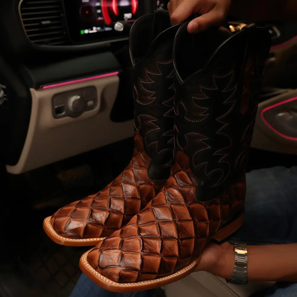 Cognac Pirarucu Leather Boots - Square Toe