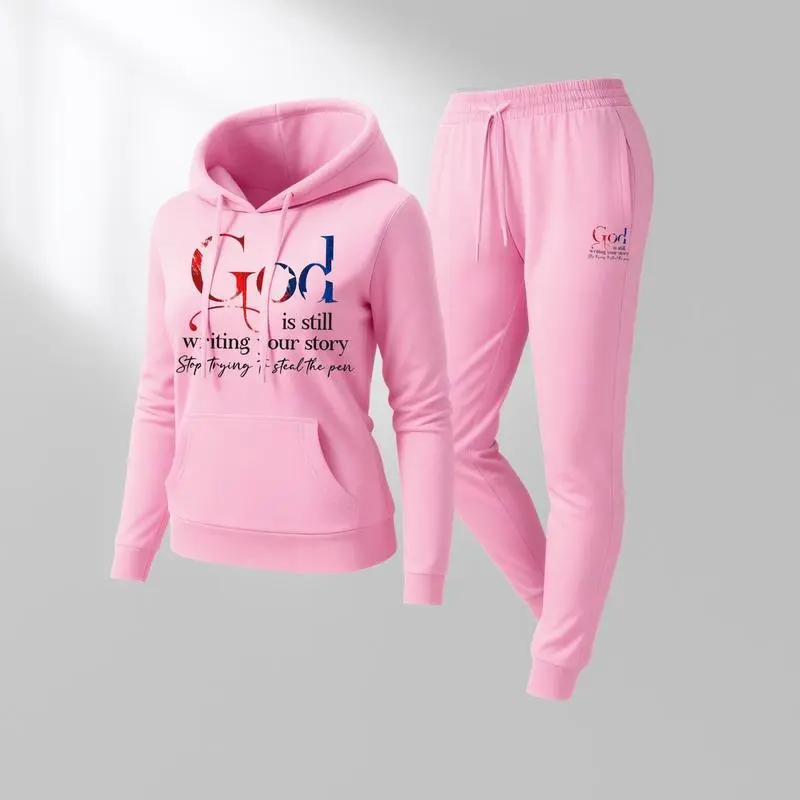 Women'S God Letter Print Hoodie And Drawstring Track Pants Set