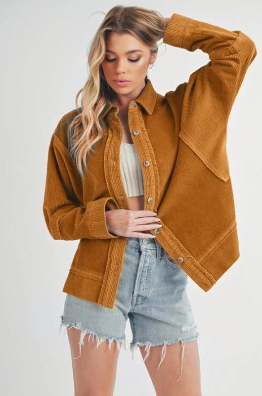 Side Slit Exposed Seam Button Up Corduroy Jacket