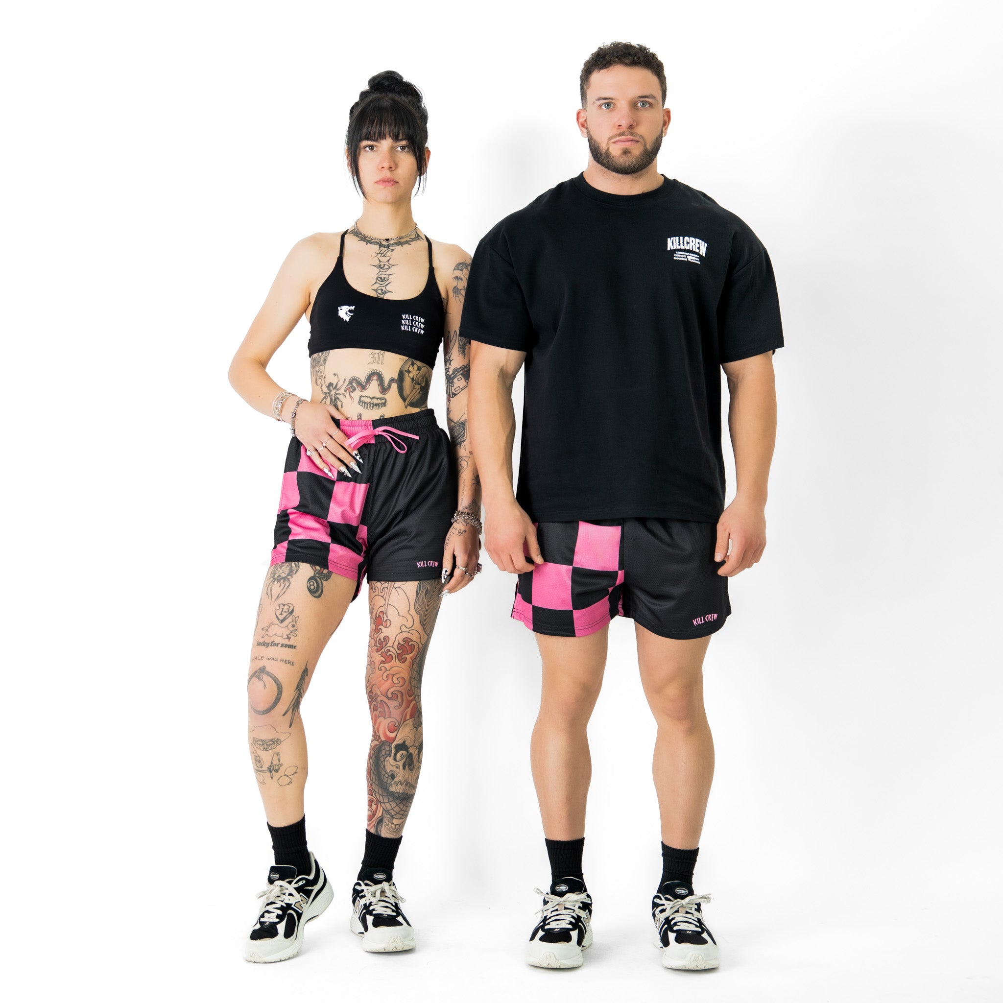 MUAY THAI SHORTS (MID THIGH CUT) CHECKER - BLACK / PINK