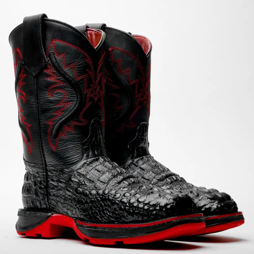 Black Caiman Neck Leather Boots With 3D Lightweight Sole - Composite Toe