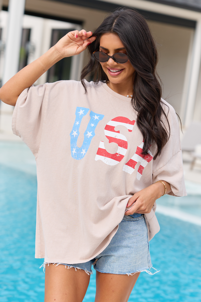 USA Taupe Oversized Graphic Tee