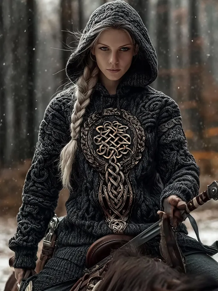 Viking Style Gold Celtic Knot Thick Needle Hooded Sweater