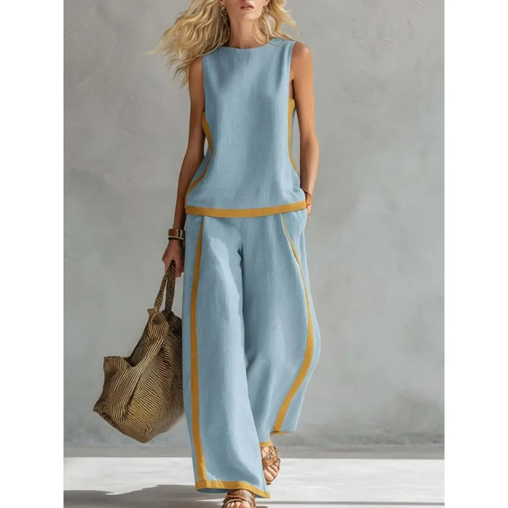 2026 Linen Blend Two Piece Set for Women Sleeveless Color Block Top Wide Leg Pants Set Casual Summer Outfit