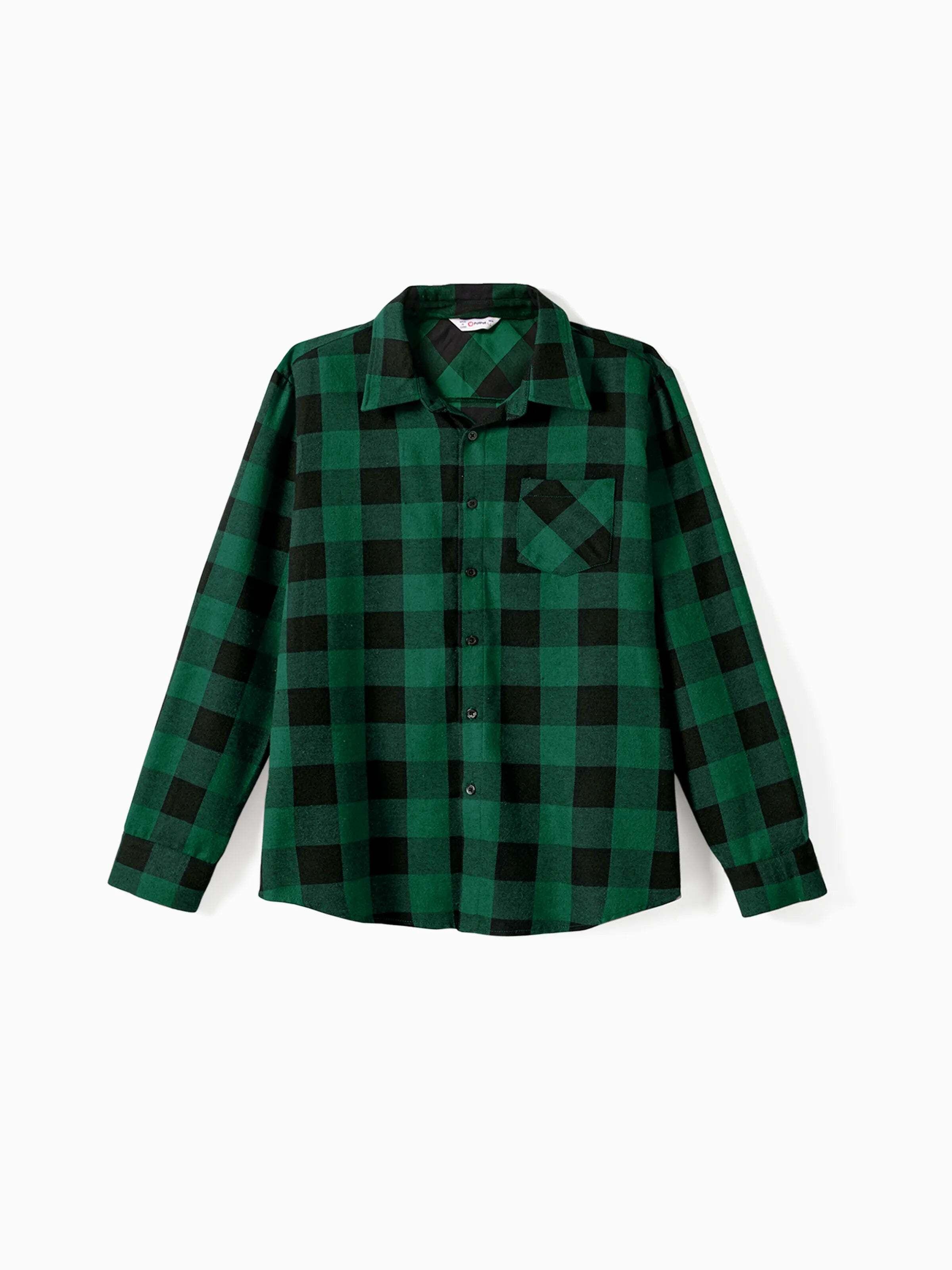 Family Matching Sets Green Plaid Long Sleeves Shirt or Tulle Mesh Dress DarkGreen