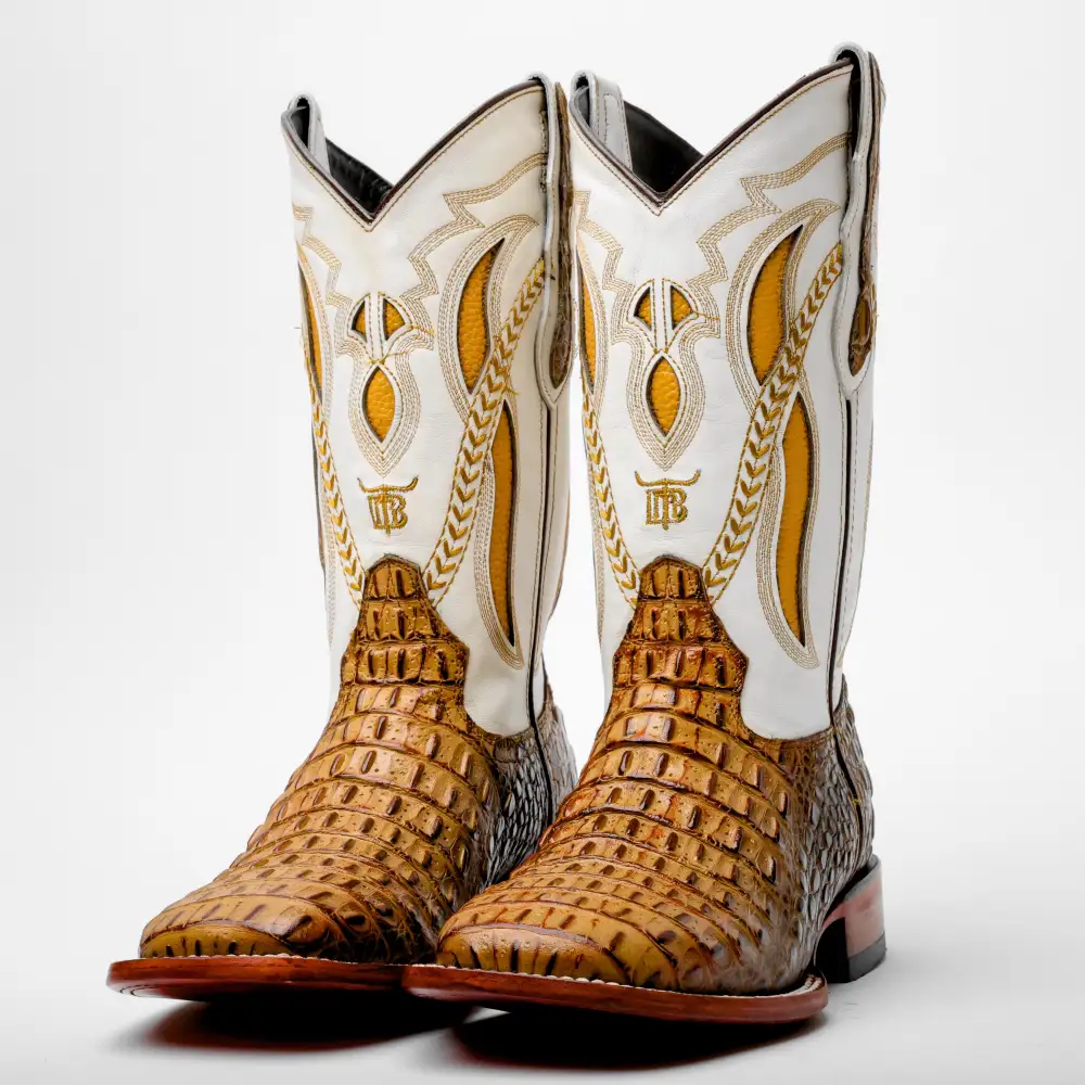 Honey Caiman Hornback Leather Boots - Square Toe