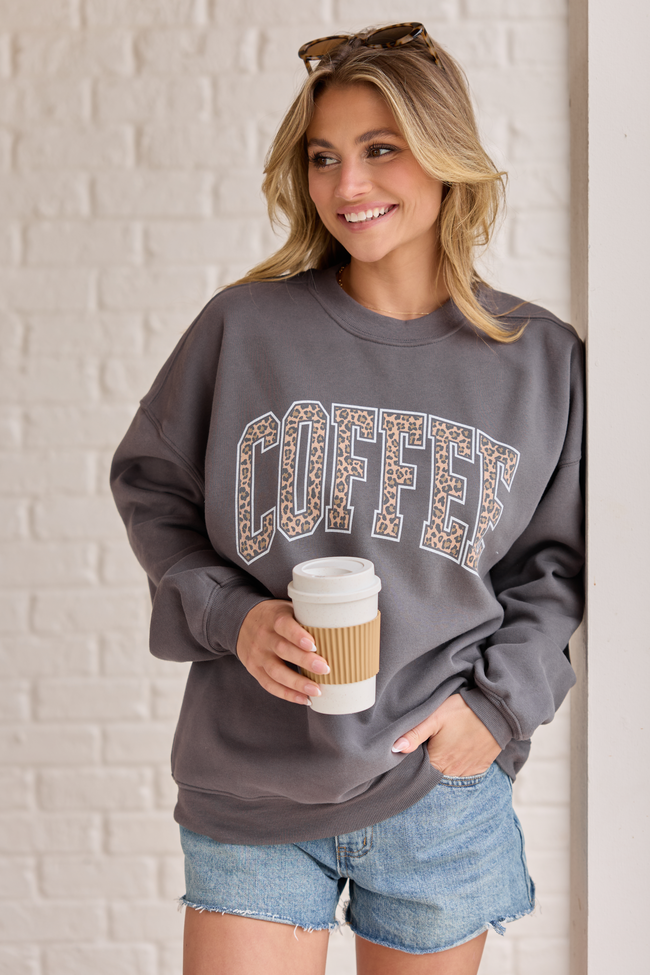 Coffee Leopard Print Dark Grey Graphic Sweatshirt