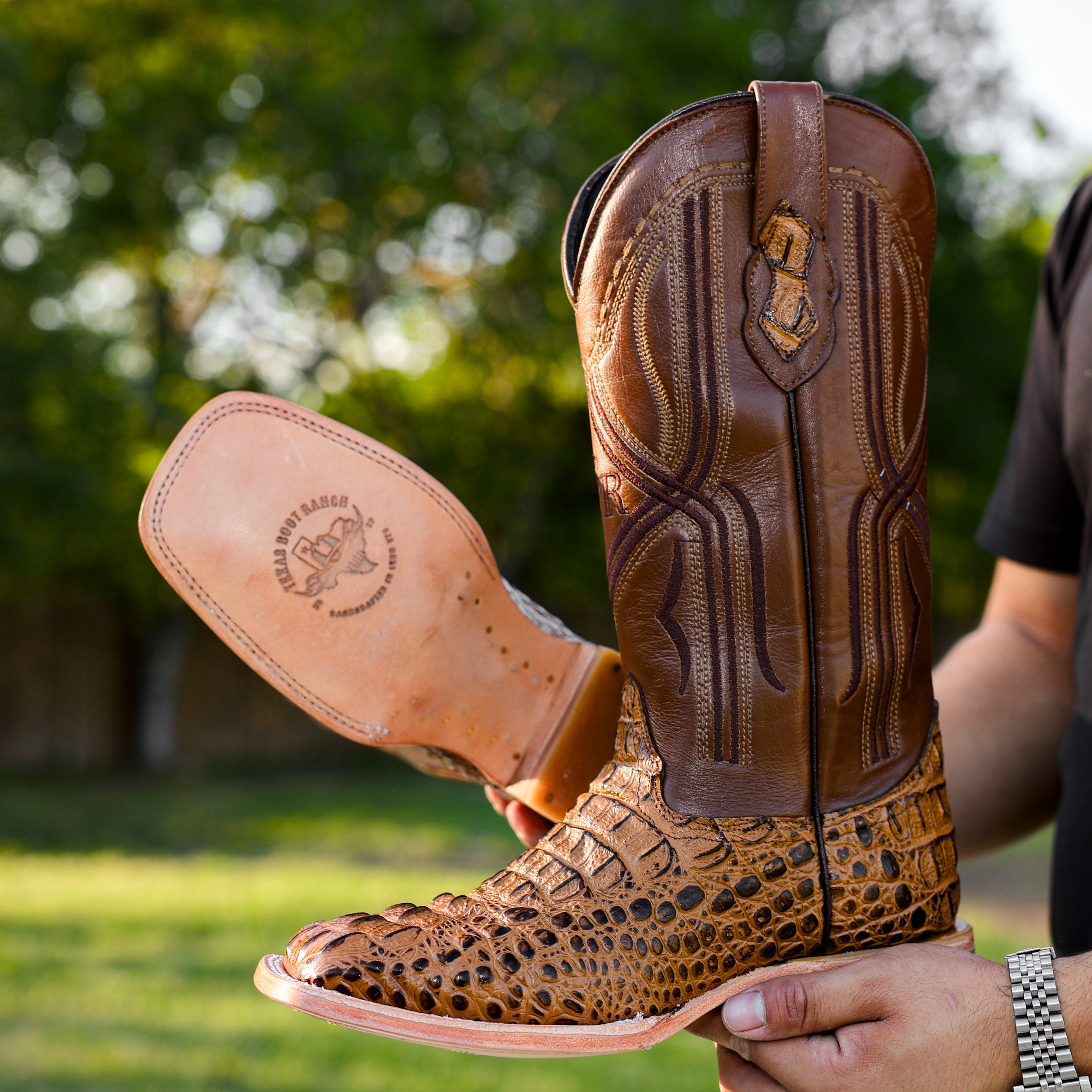 Honey Caiman Neck Leather Boots - Square Toe