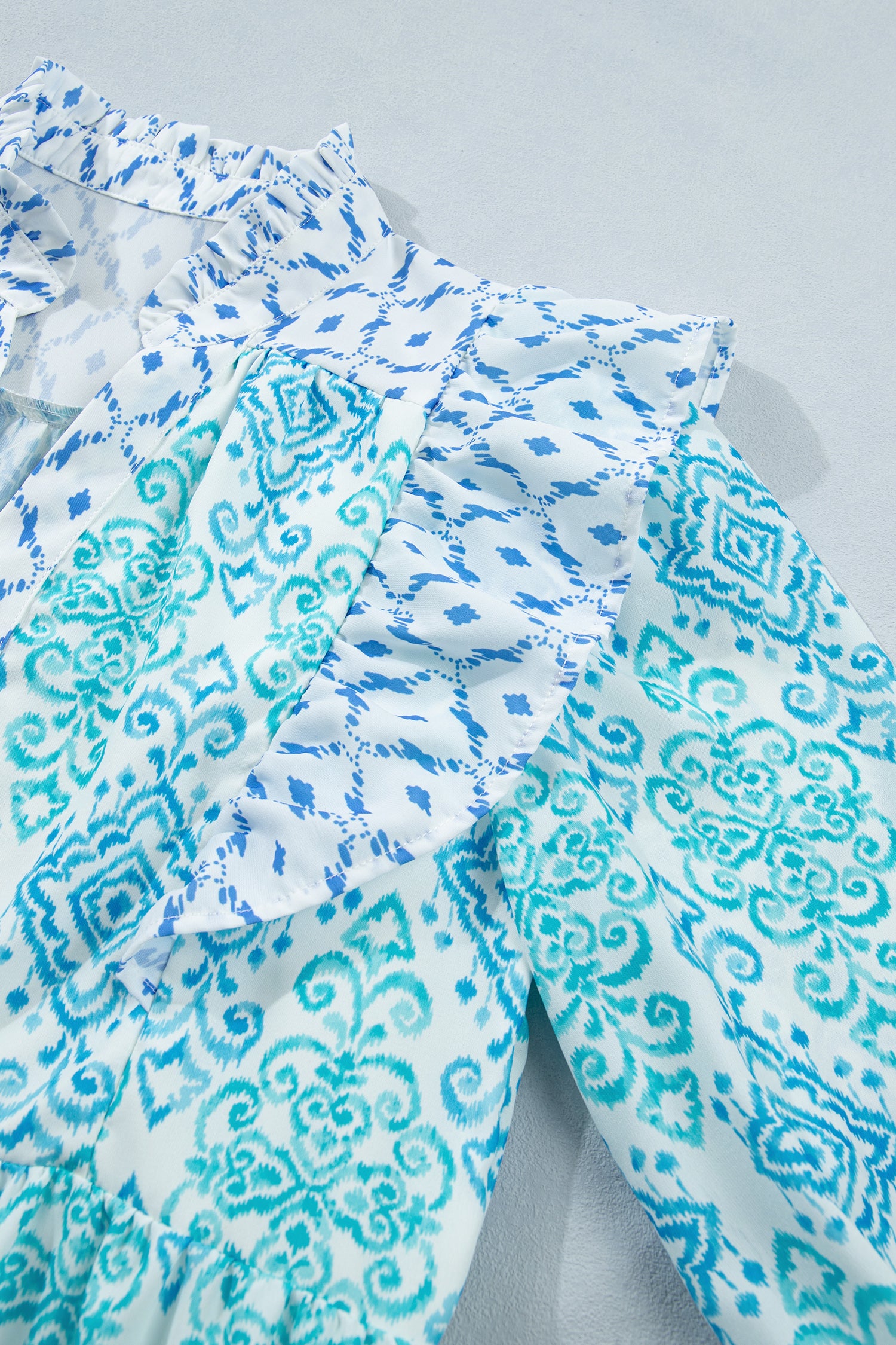 Sky Blue Boho Floral Geometric Patchwork Ruffle Detail Puff Sleeve Mini Dress