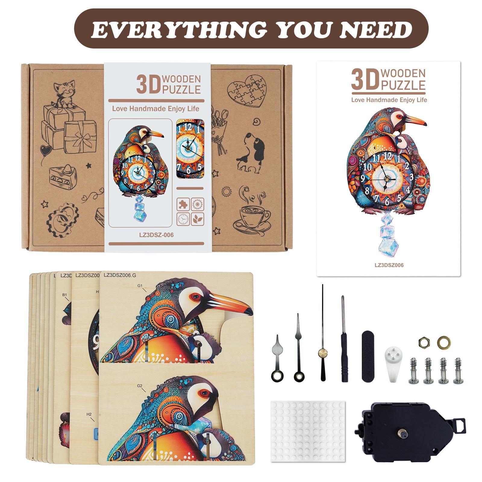 Parent-Child Penguins â€“ DIY Wooden Clock, 3D Puzzle Craft Kit