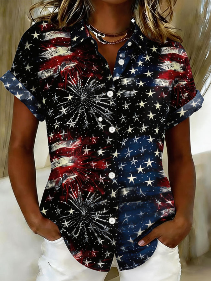 Women'S 250Th Anniversary Fireworks And National Flag Printed Shirt