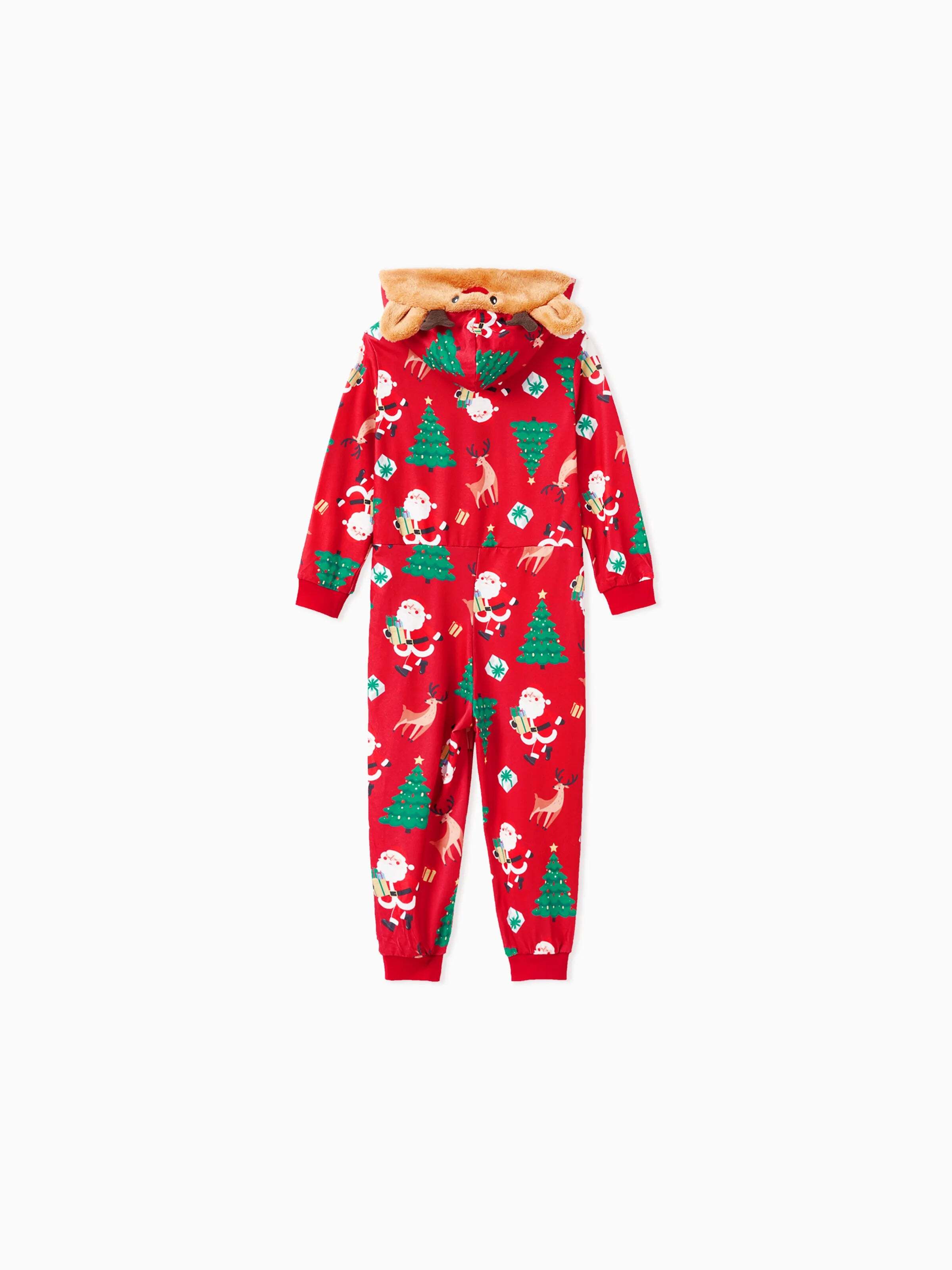 Christmas Family Pajamas Sets 3D Reindeer Hooded Allover Print Onesies with Christmas Socks Red-2