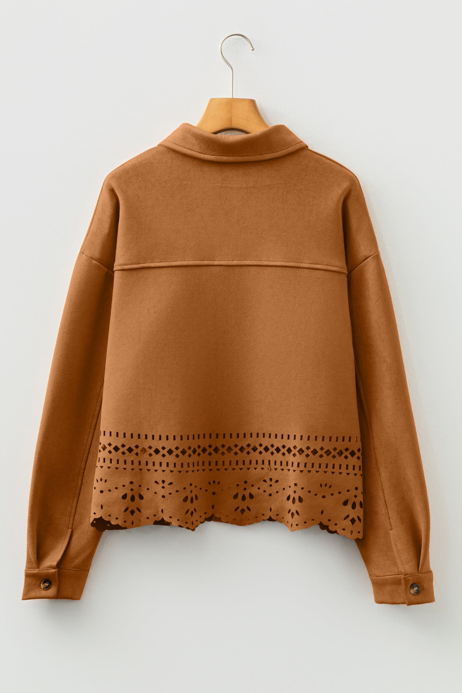 Thai Curry Solid Color Faux Suede Hollowed Detail Retro Style Jacket