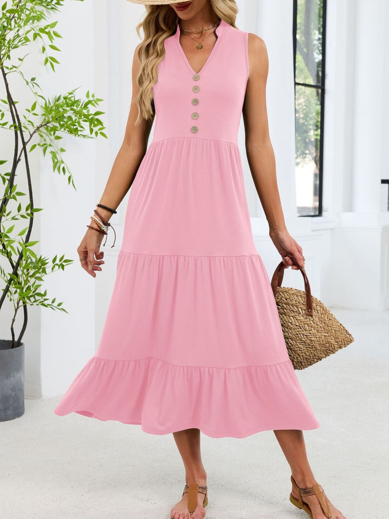 Ruffled Notched Tiered Midi Dress