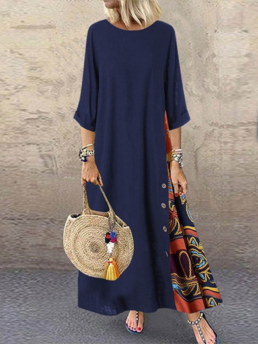 Women's Retro Floral Contrast Button Patchwork Cotton And Linen Casual Dress