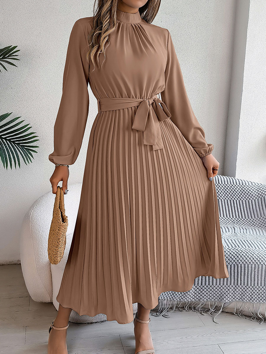 Women's Stand-up Collar Long-sleeved Lace Up Pleated Dress