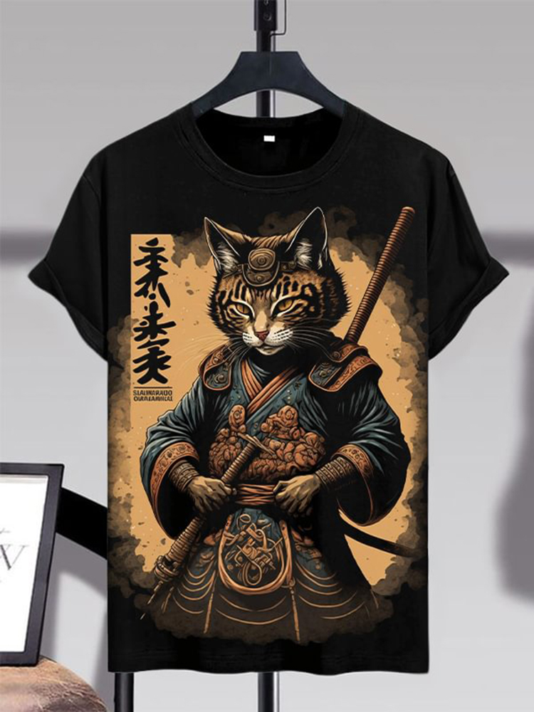 Men'S Samurai Cat Japanese Art Print Casual T-Shirt