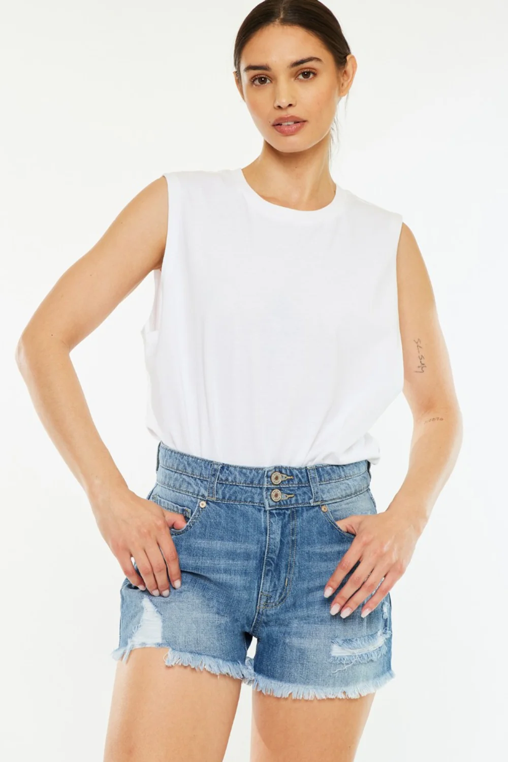 High Rise Raw Hem Denim Shorts by Kancan