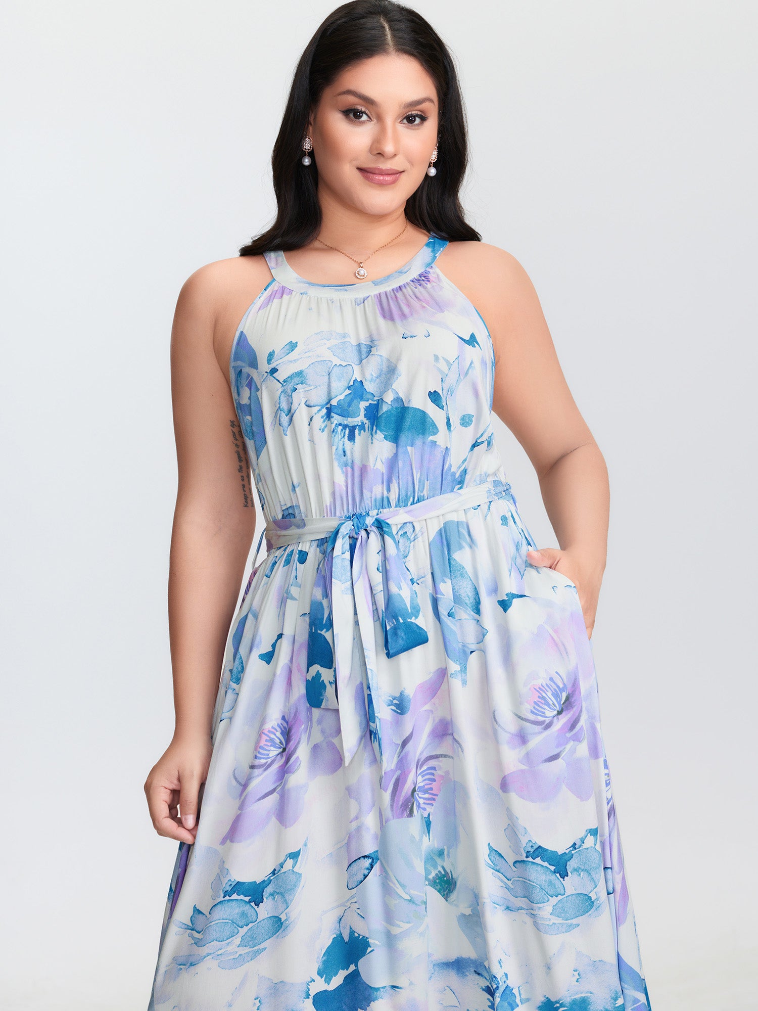 Floral Breeze Print Halter Neckline Midi Dress