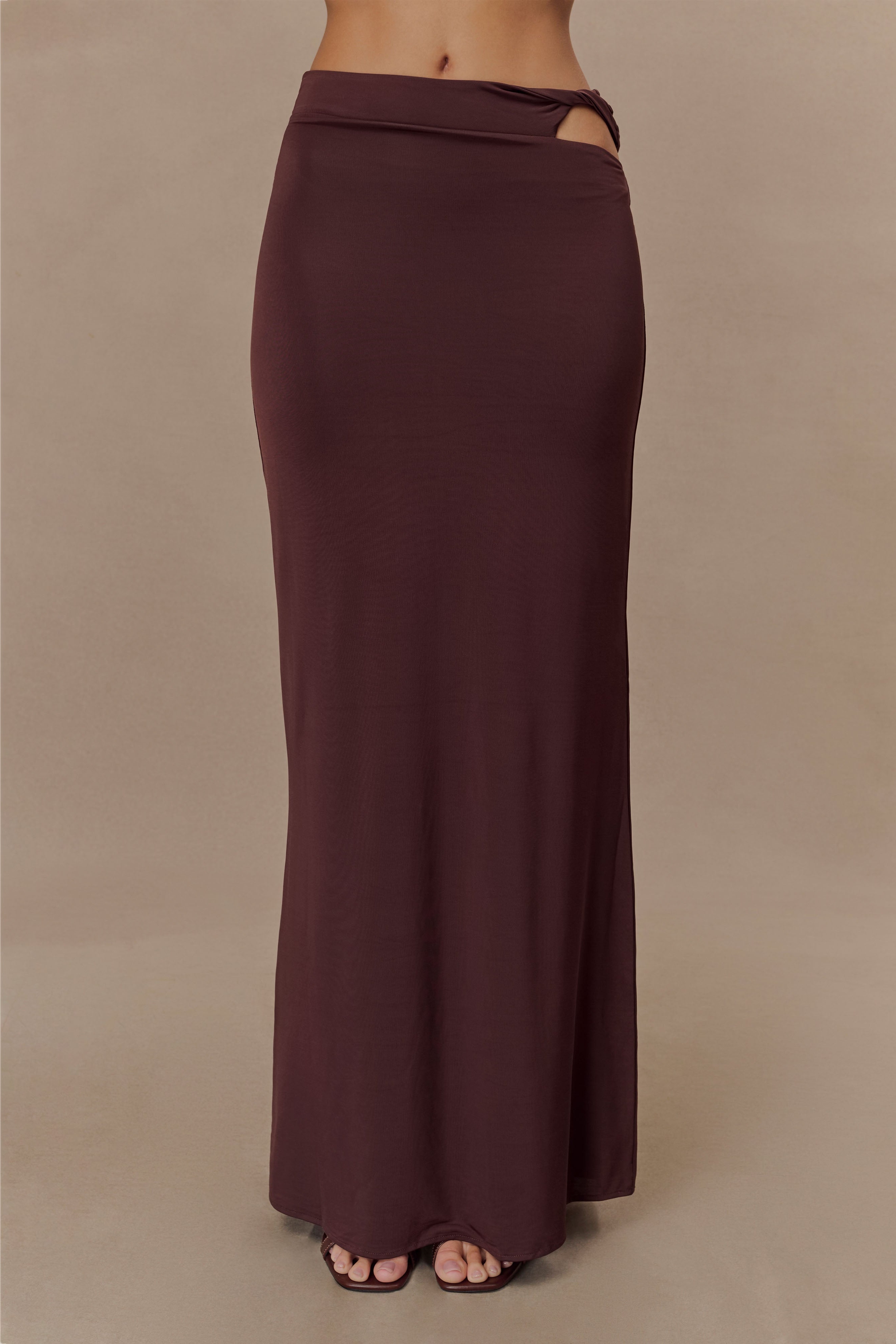 Chocolate Slinky Twist Midi Skirt