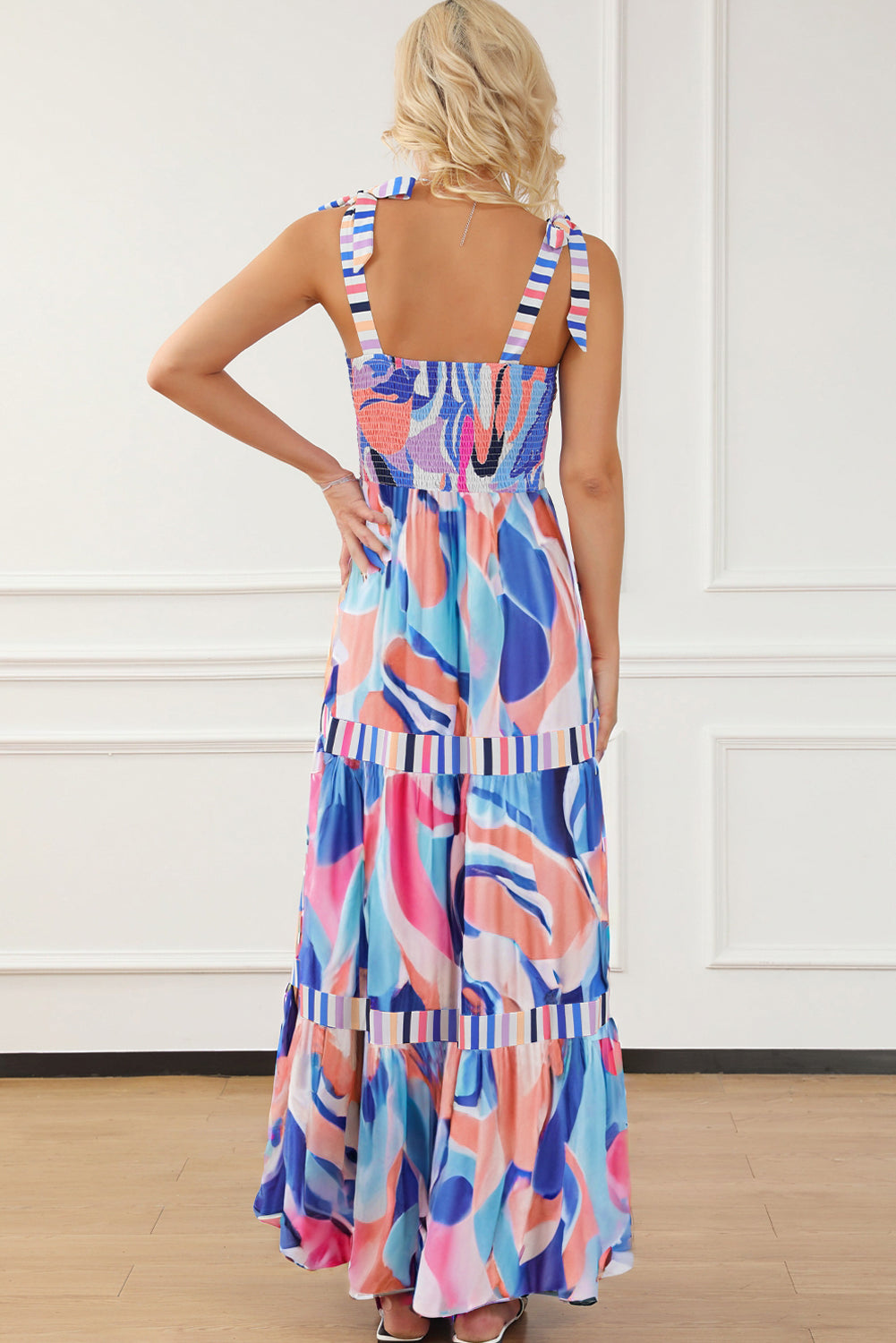 Multicolor Abstract Print Striped Detail Knot Strap Maxi Dress
