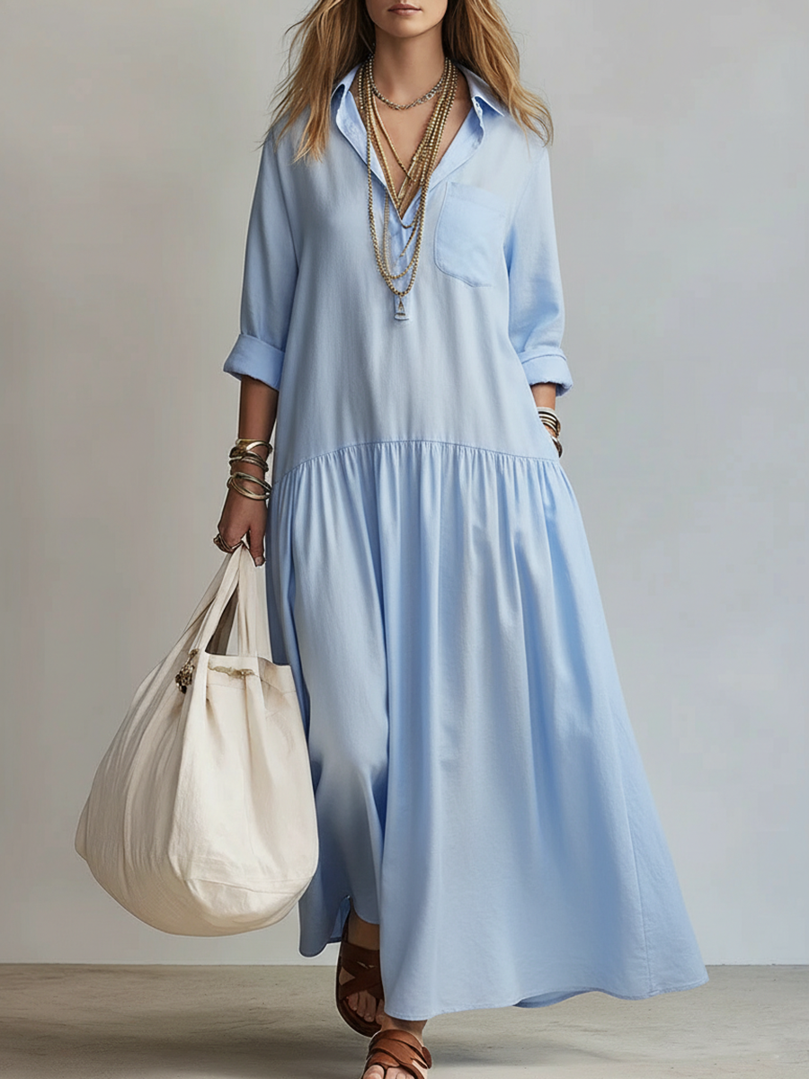 Cozy Shirt Collar Solid-color Linen-cotton Dress