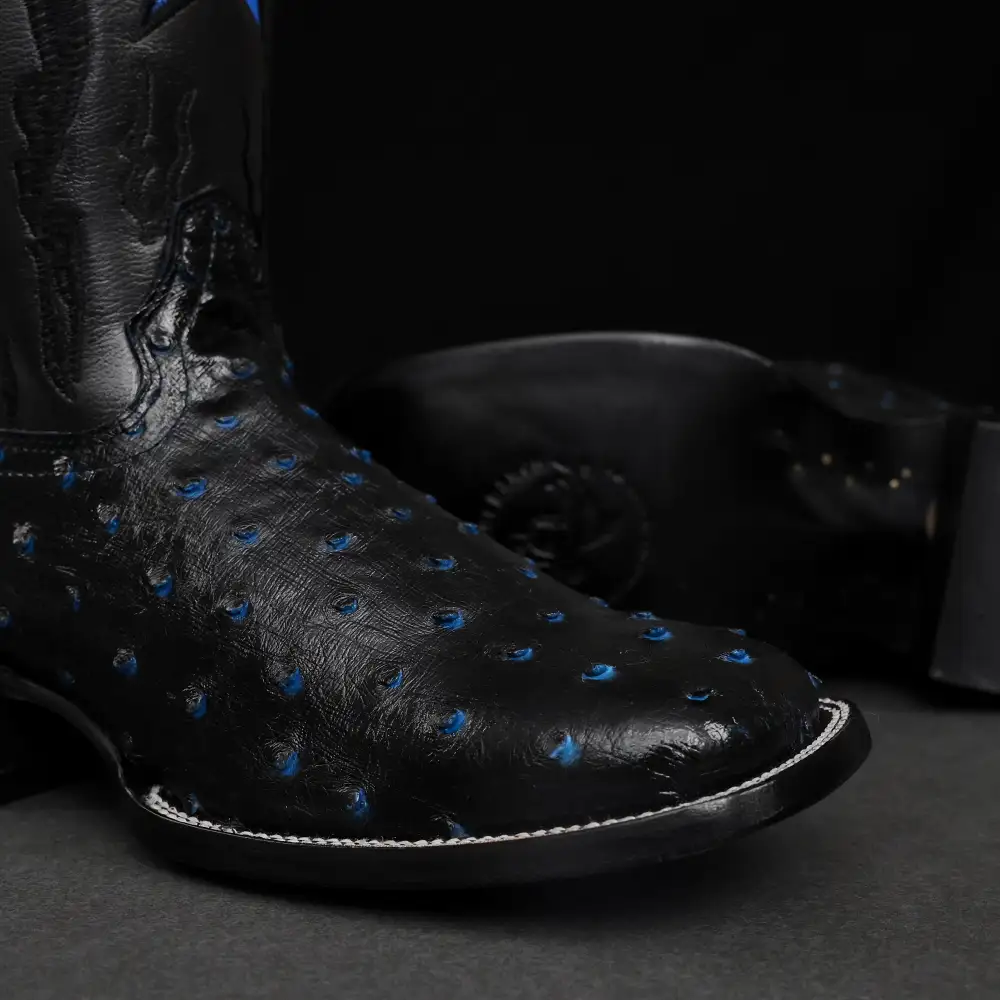 Black/Blue Ostrich Leather Boots - Square Toe