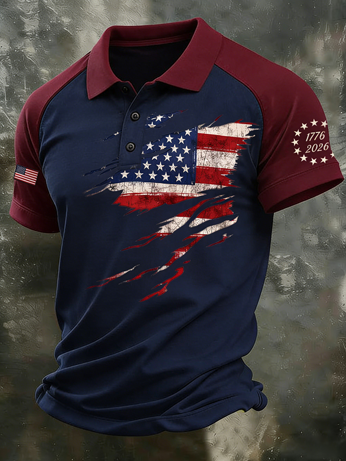 Men'S Retro 250Th Anniversary Celebration Of The Founding Of The United States, Raglan Collar Polo Shirt