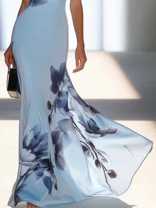 Light Blue Satin Ink Painting Print Off-shoulder Maxi Dress