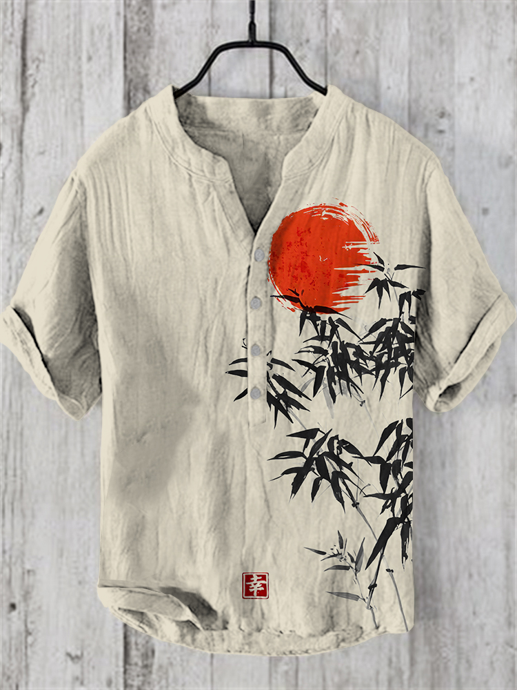 Japanese Bamboo Forest And Red Sun Art Linen Casual Shirt