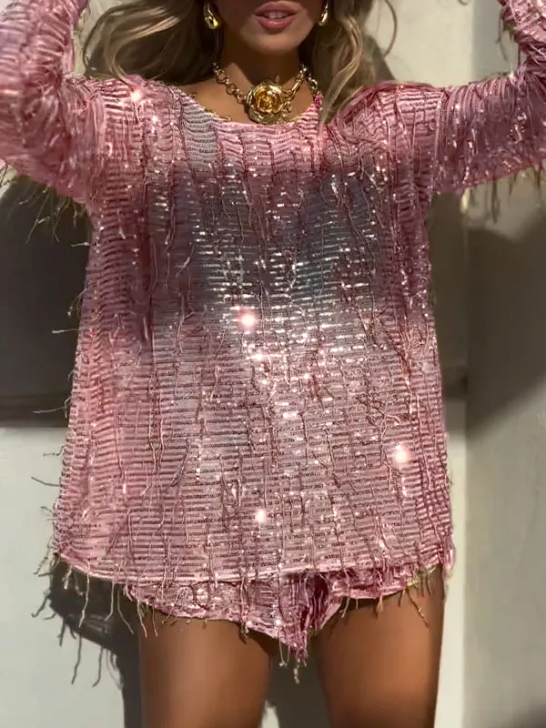 Women's Round Neck Tassel Sequined Casual Suit