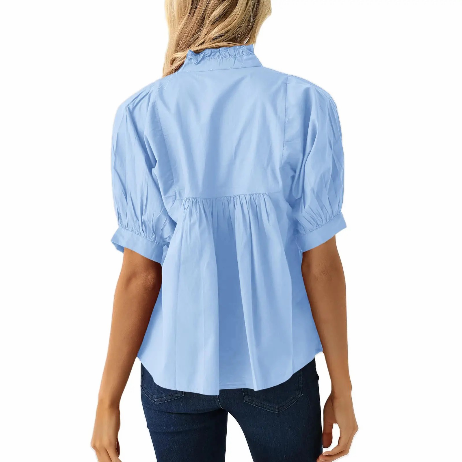 Elegant V-Neck Puff Sleeve Peplum Blouse - Versatile Dressy Casual