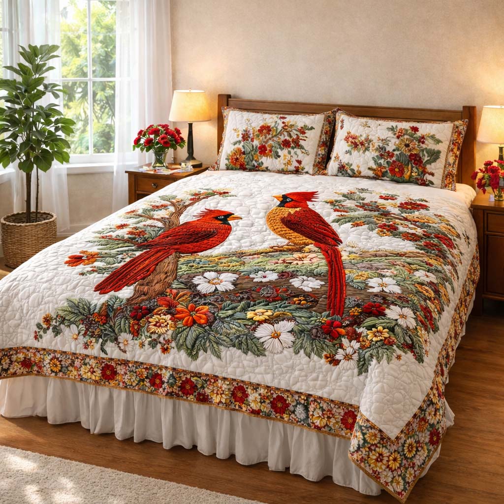 Cardinal Love Dance 3-Piece Quilted Bedding Set GFTOHD2174