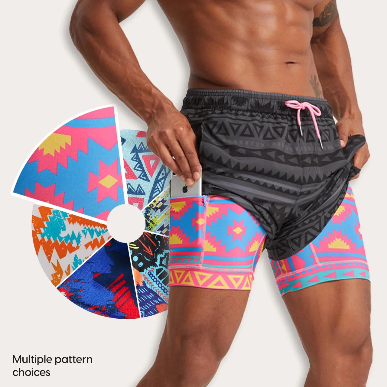 2 in 1 Stretch Short Lined Black Mayan Gym Shorts, Breathable Comfort Workout Athletic Training Shorts with Phone Pockets