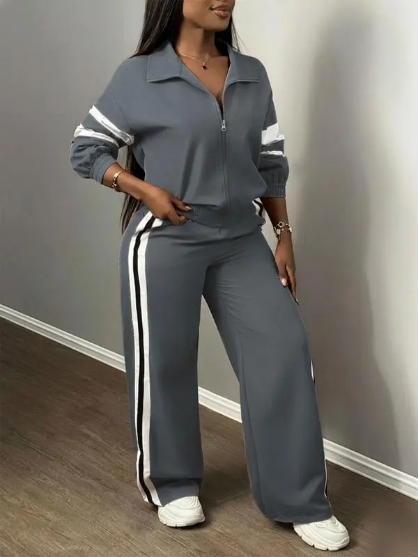 Women'S Zipper Jacket & Striped Wide-Leg Pants Set, Streetwear & Casual, Two-Piece Suit For Daily Wear