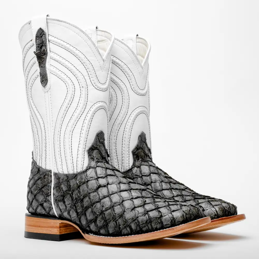 Grey Mini Pirarucu Leather Boots - Square Toe