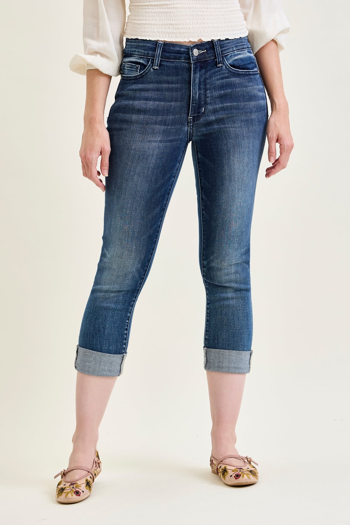 Maddy Mid Rise Dark Wash Cuffed Capri Jeans