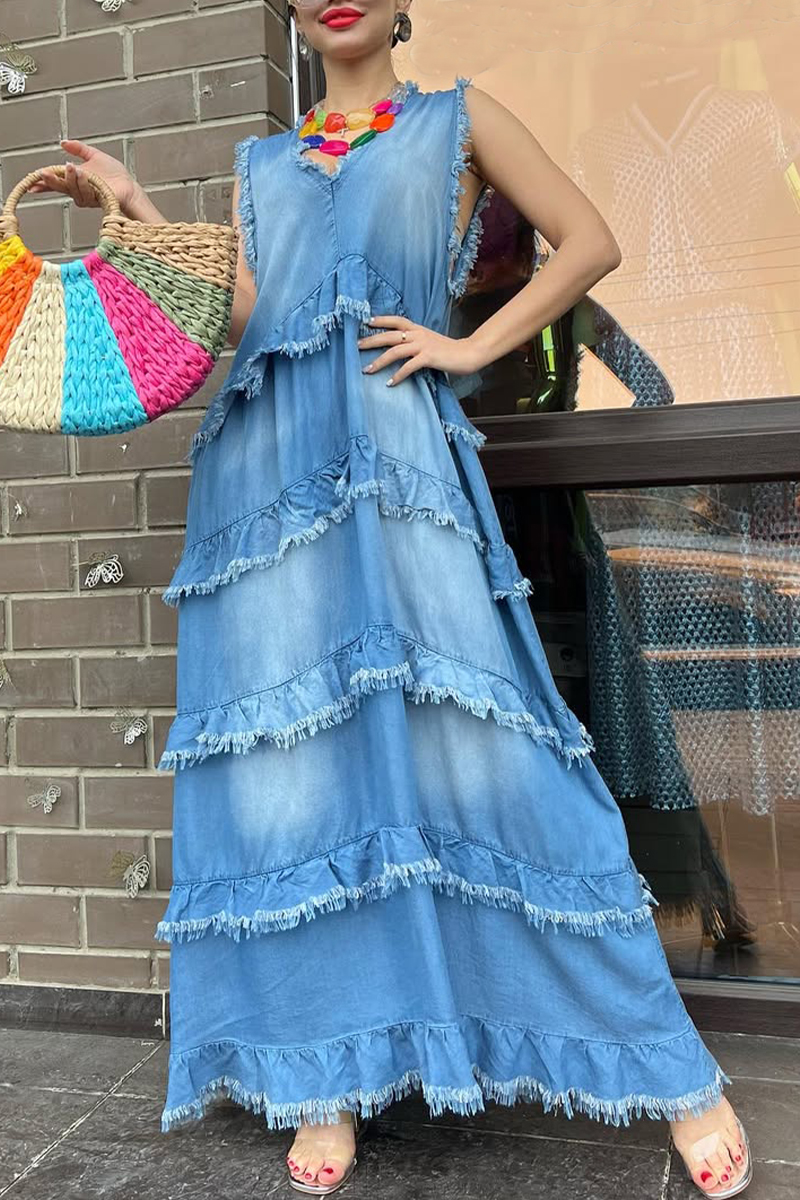 Women's V-neck Multi-layered Stitching Tassel A-line Denim Dress