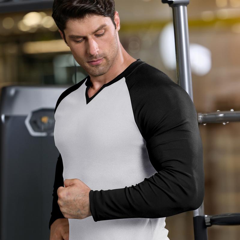 Mens Long Sleeve Muscle T Shirts Casual V-Neck Longline Ribbed Tee Shirts