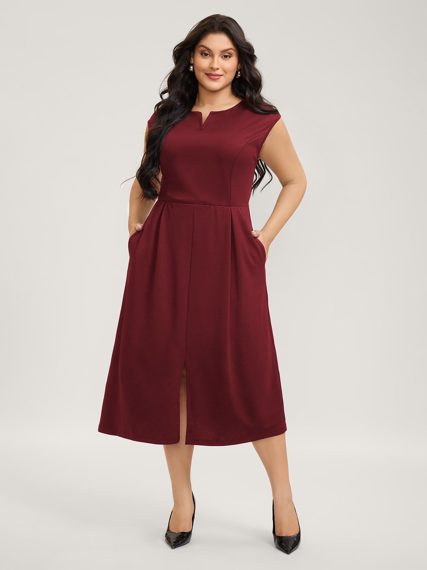 Stretchy Waist Pleated Midi Dress