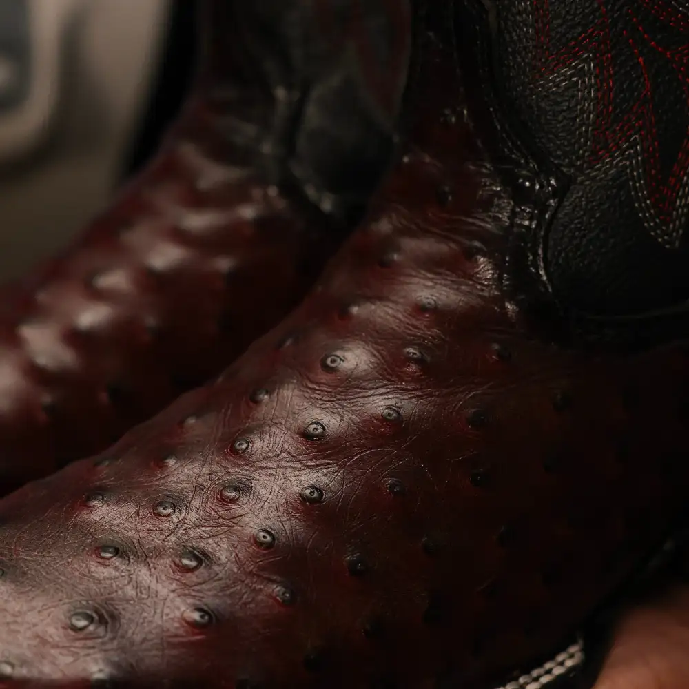 Wine Ostrich Leather Boots With Black Shaft - Square Toe
